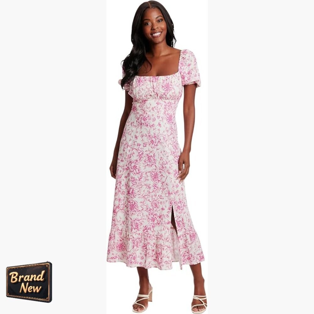 Midi Dress with Square Neck, Smocked Back, Linen Blend for Spring Summer